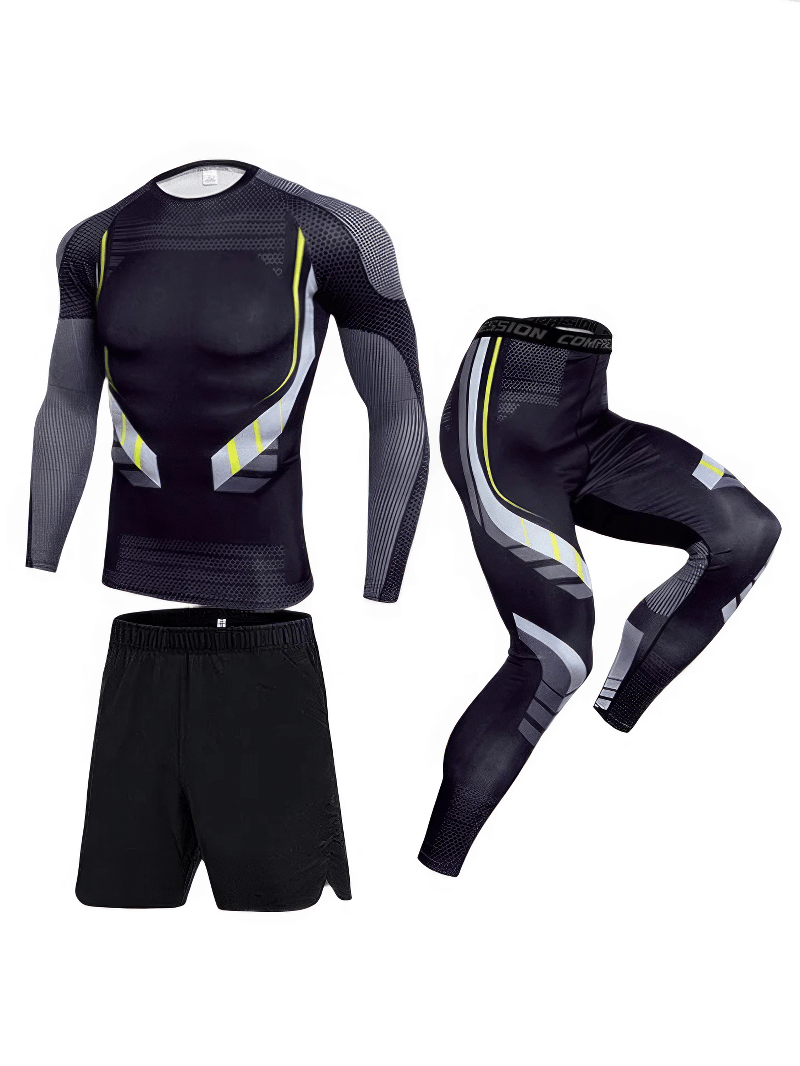 Men's Athletic Performance Wear Set SF2032 - Breathable, tight-fit for bodybuilding, yoga, or running. Includes shirt, pants, shorts.